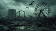 © Ruslan Gilmanshin - Post apocalyptic background image of desert city wasteland with abandoned and destroyed buildings, cracked road and sign.