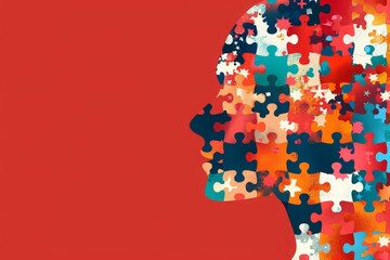 Illustration banner design of human profile made of colorful puzzle pieces. Knowledge and logic concept. Header with connecting jigsaw puzzle pieces with copy space