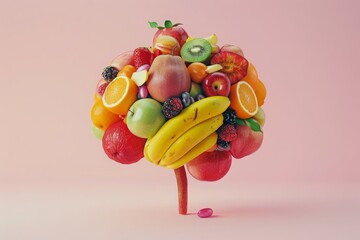 Wall Mural - Brain with fruits, concept of healthy living and eating healthy food