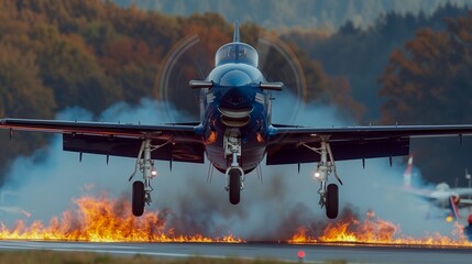 Wall Mural - A bright indigo stunt plane ablaze, performing at an air show, fire adding an unplanned but stunning effect to the aerobatics