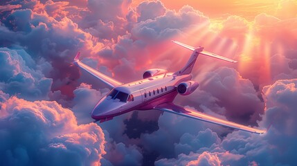 Wall Mural - A flaming pink private jet racing through a rainbow-streaked sky after a storm,