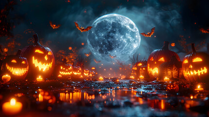 Wall Mural - A Halloween night scene with bats flying across a full moon, surrounded by spooky decorations and glowing jack-o'-lanterns