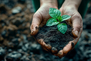 a small sprout in the soil that is accepted with both hands on a greasy soil background