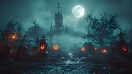 Wall Mural - A Halloween night scene with a spooky graveyard illuminated by moonlight and surrounded by eerie decorations