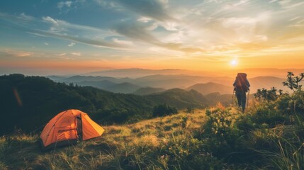 Camping hiking with tent. Mountains landscape. Nature illustration generated by AI