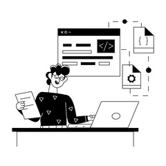 Handy linear mini illustration of a web programmer 