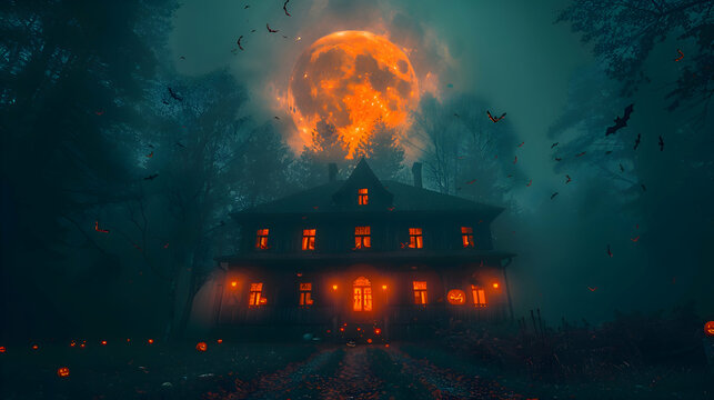 A Halloween night with bats flying around a haunted house, illuminated by moonlight and eerie lighting