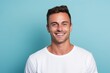 © Zickert - Aqua background Happy european white man realistic person portrait of young beautiful Smiling man good mood Isolated on Background Banner with copyspace blank empty