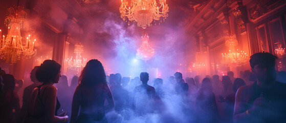 Wall Mural - A Halloween party with eerie light-themed decorations and guests reacting to the spooky atmosphere