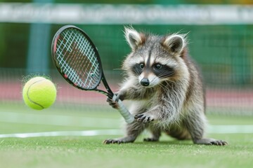 Wall Mural - A raccoon is holding a tennis racket and a tennis ball