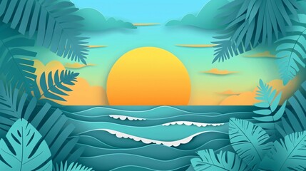 island palm tropical leaves sun clouds Paper style Background