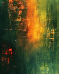 Wall Mural - Abstract digital artwork featuring geometric shapes in vibrant orange and green hues, creating a futuristic and dynamic visual experience.