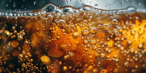 Wall Mural - Closeup of a beer in a glass with bubbles.