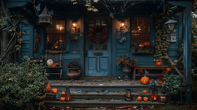 A Halloween porch scene with hanging bats, cobwebs, and a spooky sign