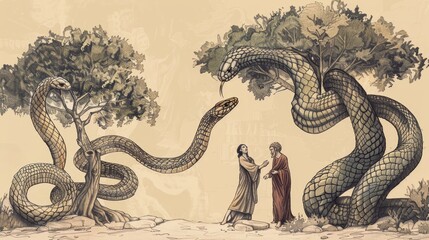 Wall Mural - Fiery Serpents in the Wilderness and the Bronze Serpent - Biblical Watercolor Illustration