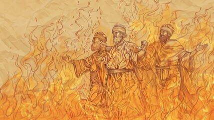 Wall Mural - Miracle of Shadrach, Meshach, and Abednego in the Fiery Furnace - Biblical Watercolor Illustration