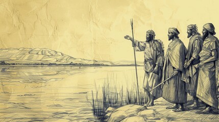 Wall Mural - Gideon Selecting Soldiers by the Water - Biblical Watercolor Illustration