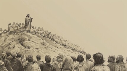 Wall Mural - Jesus' Sermon on the Mount Preaching to a Large Gathering - Biblical Watercolor Illustration