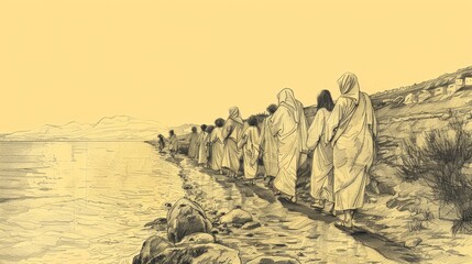 Wall Mural - Jesus Calling First Disciples Along the Shore of the Sea of Galilee - Biblical Watercolor Illustration