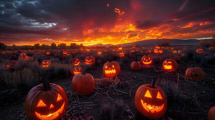 Wall Mural - A Halloween pumpkin patch at twilight with carved jack-o'-lanterns scattered around