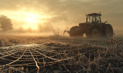 Spider webs in the foreground of a foggy farm field at dawn with a tractor in the distance