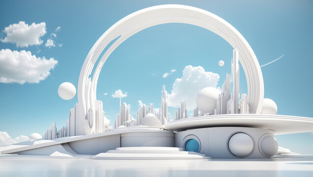 
The image is of a futuristic city with white buildings and a blue sky.