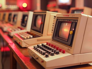 A row of vintage computer terminals with monochrome screens and button-filled keyboards on a wooden table bathed in warm, ambient lighting evokes a sense of nostalgia and fascination