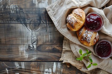 Wall Mural - Homemade pastries with jam on a wooden table.