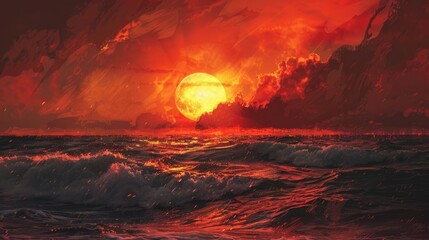 Wall Mural - A fiery sunset over an ocean.