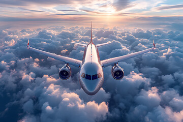 Wall Mural - A passenger civil airplane jet flies at flight level high in the sky above the clouds and blue sky, showcasing the marvel of modern aviation and travel