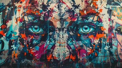 Futuristic Cybernetic Graffiti Wall - Expressive Urban Art Background with Tetradic Colors