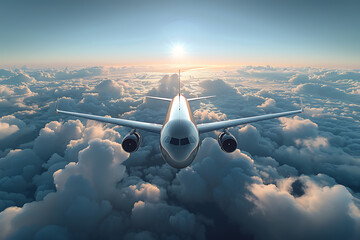 A passenger civil airplane jet flies at flight level high in the sky above the clouds and blue sky, showcasing the marvel of modern aviation and travel