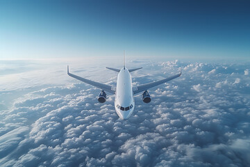 Wall Mural - A passenger civil airplane jet flies at flight level high in the sky above the clouds and blue sky, showcasing the marvel of modern aviation and travel