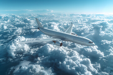 Wall Mural - A passenger civil airplane jet flies at flight level high in the sky above the clouds and blue sky, showcasing the marvel of modern aviation and travel