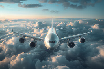 Wall Mural - A passenger civil airplane jet flies at flight level high in the sky above the clouds and blue sky, showcasing the marvel of modern aviation and travel