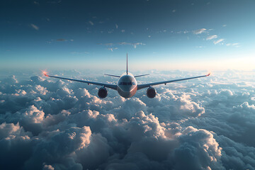 Wall Mural - A passenger civil airplane jet flies at flight level high in the sky above the clouds and blue sky, showcasing the marvel of modern aviation and travel