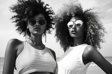 Two young African women with curly hair, smiling and laughing together, one wearing a hat, joyful expression, black and white photo