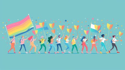 Wall Mural - 2D vector cartoon of LGBTQ individuals marching in a pride parade with minimalistic design elements and pastel colors Generative AI