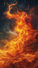 Wall Mural - Layers of fiery oranges and yellows swirling together, like the flames of a blazing bonfire against a starlit sky.