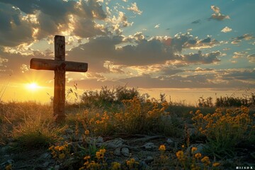 Wall Mural - A wooden cross is standing in a field of yellow flowers