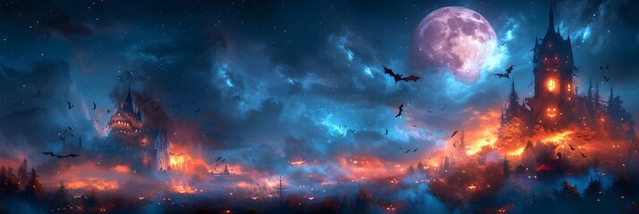 Wall Mural - Halloween Bats Take Flight Around a Haunted House on a Chilling Night