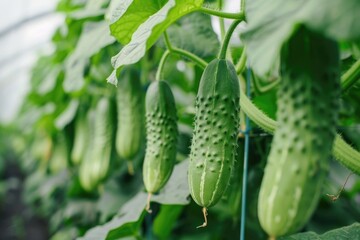 Wall Mural - Fresh cucumbers growing in a greenhouse, perfect for agricultural concepts