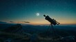 © Nosheen - A telescope on a tripod is pointed at the moon, which is full the stars shining