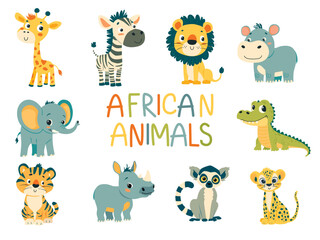 Wall Mural - Set of cartoon african animals. A Giraffe, a lion, an elephant, a zebra, a hippo, a lemur, a cheetah etc