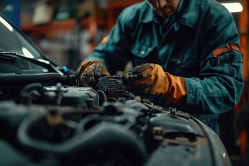 Mechanic at work in auto repair shop, fixing car engine