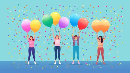 Wall Mural - Minimalist 2D vector cartoon of LGBTQ friends celebrating with rainbow balloons and confetti Generative AI