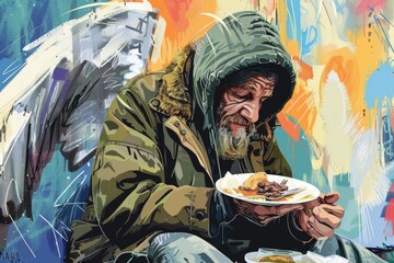 A painting of a homeless man enjoying a meal. Suitable for social issues and poverty awareness campaigns