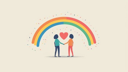 Wall Mural - Cartoon vector illustration of LGBTQ partners holding hands with a minimal heart-shaped rainbow between them Generative AI