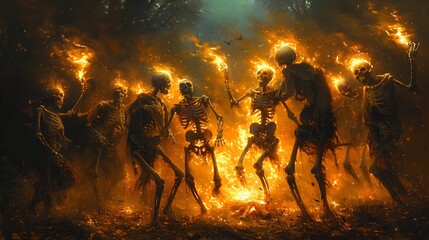 Wall Mural - Halloween Night Skeletons Discover Joy in a Haunted Clearings Bonfire Dance
