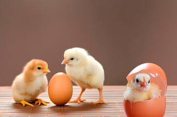 Chicks Waiting for their brother to hatch from the egg while the other egg is already hatching.